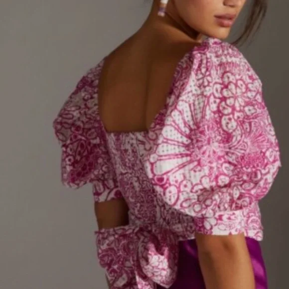 Anthropologie Pink Floral Puff Sleeve Blouse - Picture 2 of 6